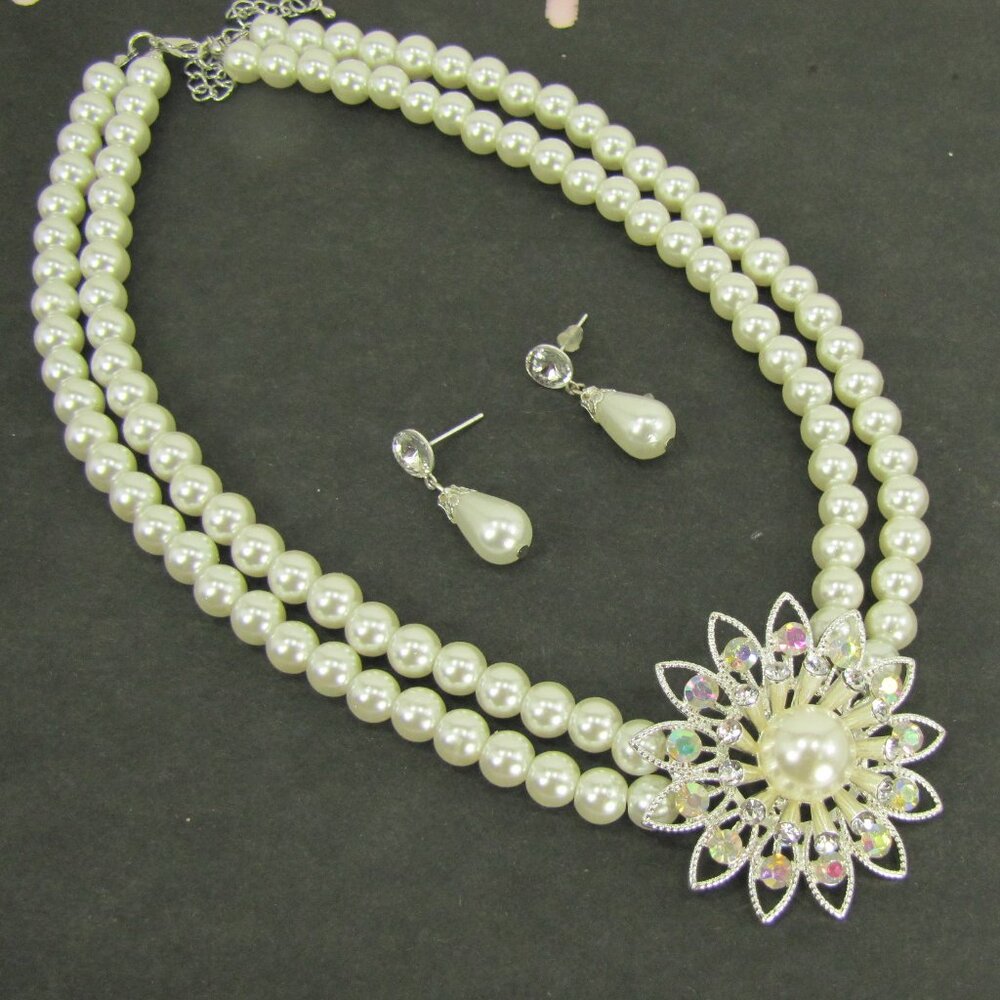 Large pearl flower statement necklace and earring set with two pearl strand neck